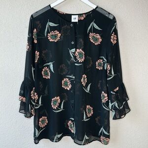 Cabi Black La Di Da Sheer Floral Ruffle Sleeve Button Up Blouse Top 5206 Size L